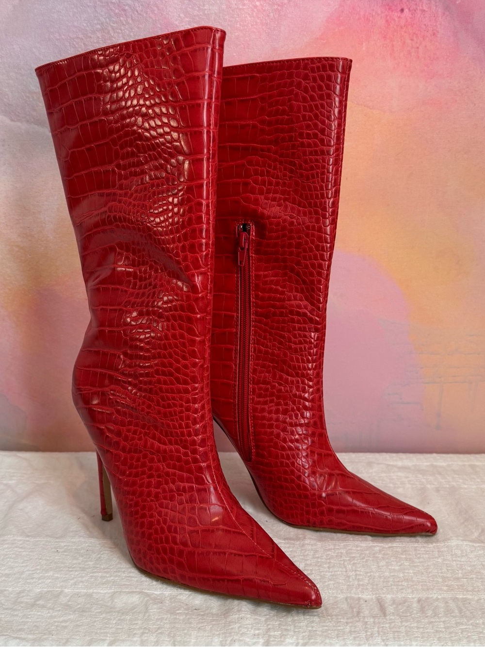 Public Desire Red Croc-Embossed Pointed Knee High Boots